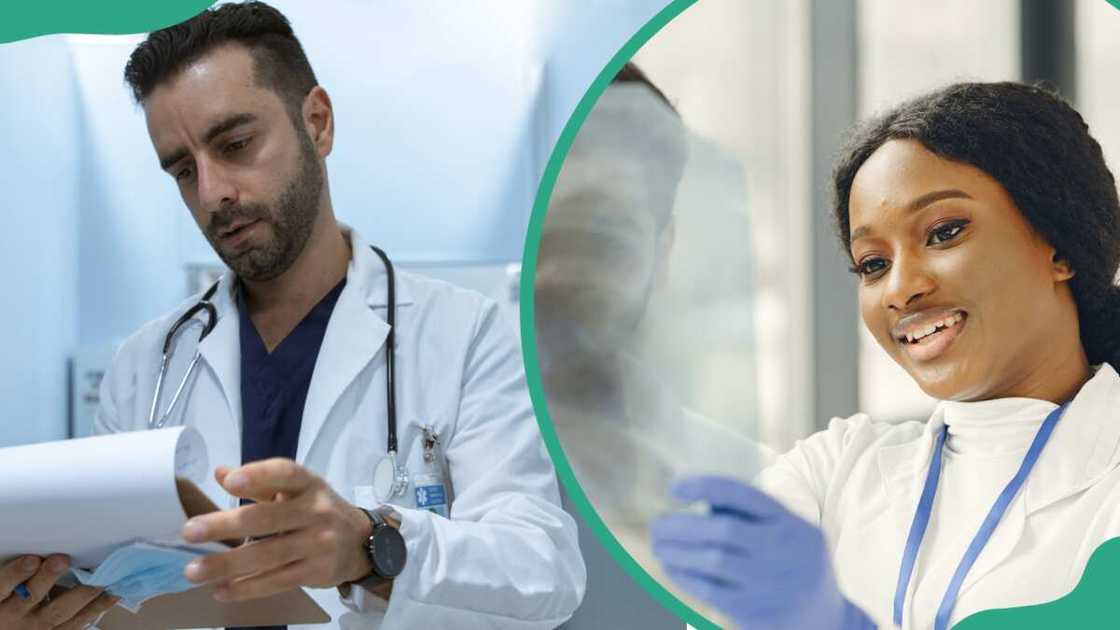 A male and a female doctor looking at a medical report A male and a female doctor looking at a medical report