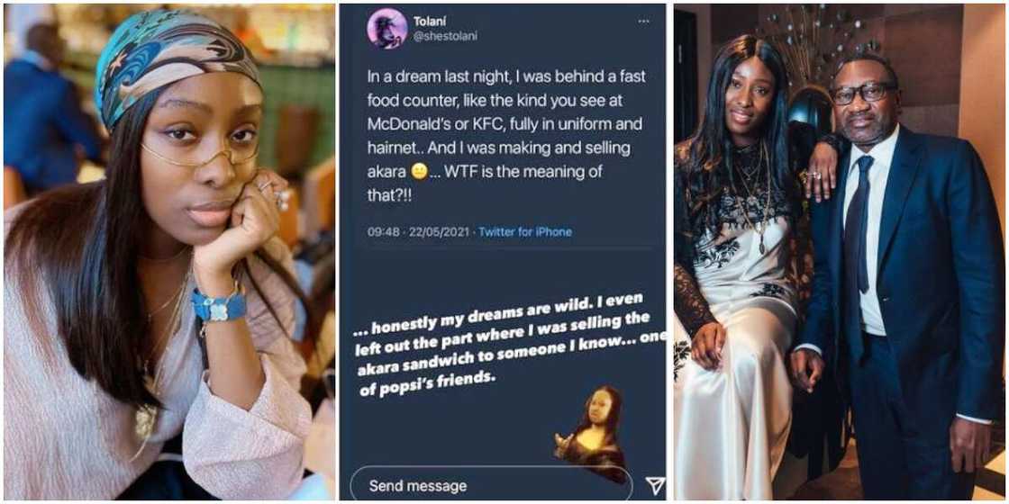 Billionaire Femi Otedola’s Daughter Tolani Recounts Funny Dream Where She Sold Akara, Stirs Reactions Billionaire Femi Otedola’s Daughter Tolani Recounts Funny Dream Where She Sold Akara, Stirs Reactions