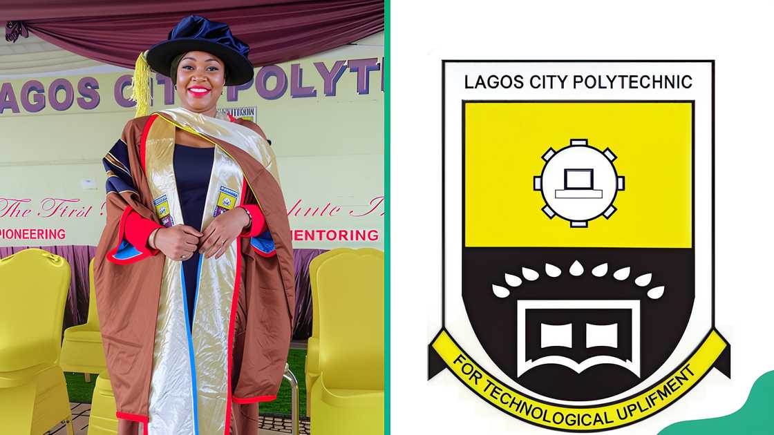 Lagos City Polytechnic graduate (L). Lagos City Polytechnic logo (R) Lagos City Polytechnic graduate (L). Lagos City Polytechnic logo (R)