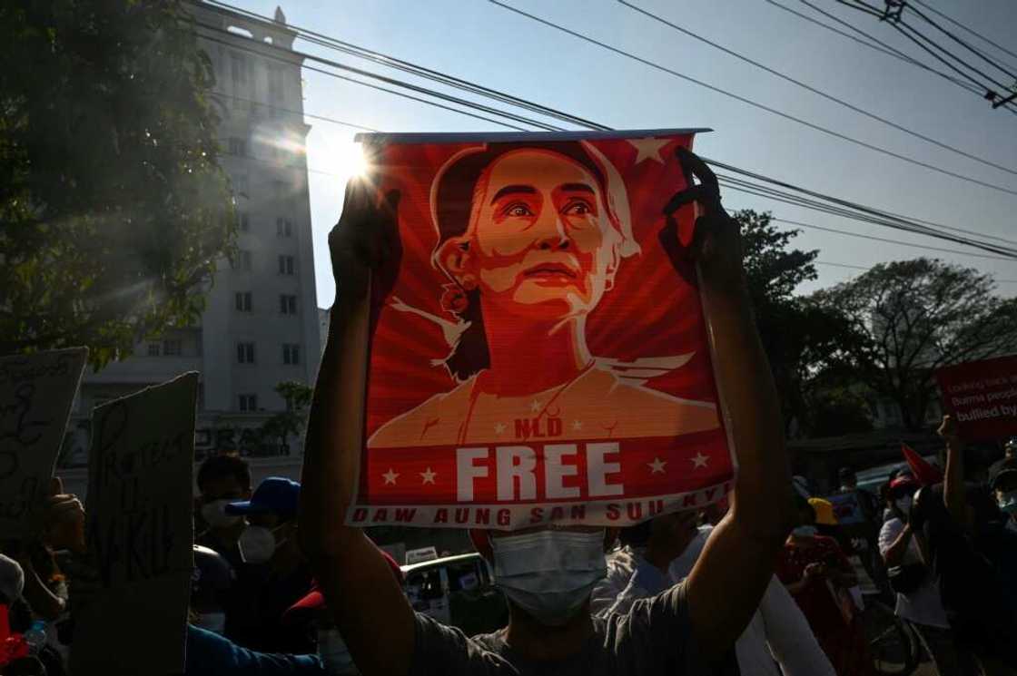 Protesters call for Aung San Suu Kyi's release during a rally in Yangon last year Protesters call for Aung San Suu Kyi's release during a rally in Yangon last year