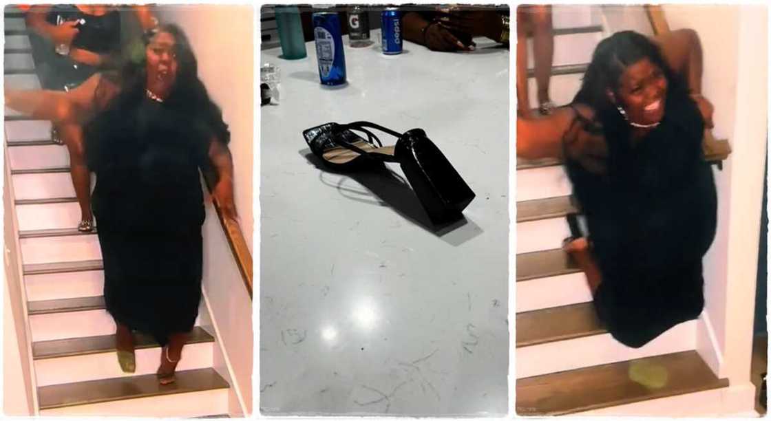 woman falls after high heel breaks