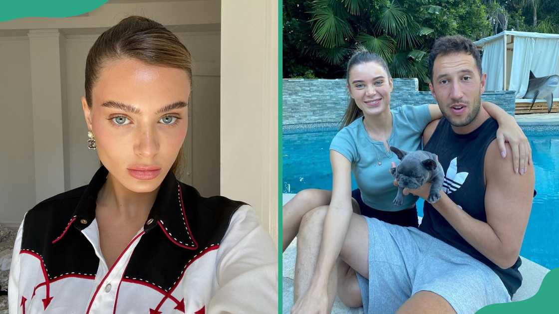 Lana Rhodes looks on in a solo photo (L). The former adult actress and Mke Majlak sit by a swimming pool (R) Lana Rhodes looks on in a solo photo (L). The former adult actress and Mke Majlak sit by a swimming pool (R)