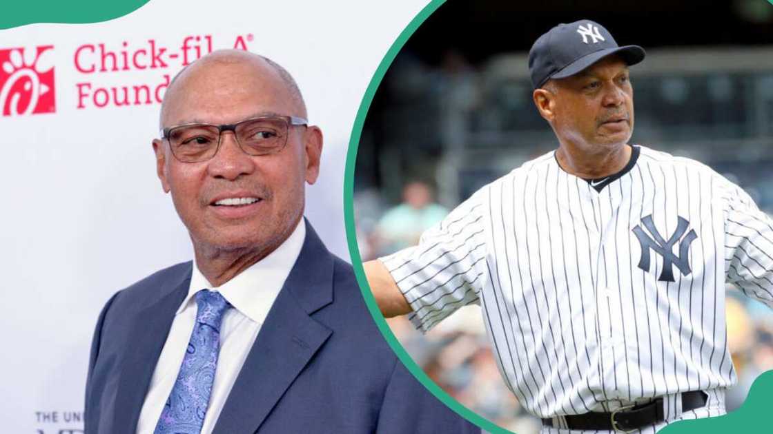 Baseball legend Reggie Jackson at The Beverly Hilton Hotel (L) and at Yankee Stadium in the Bronx borough of New York City (R)