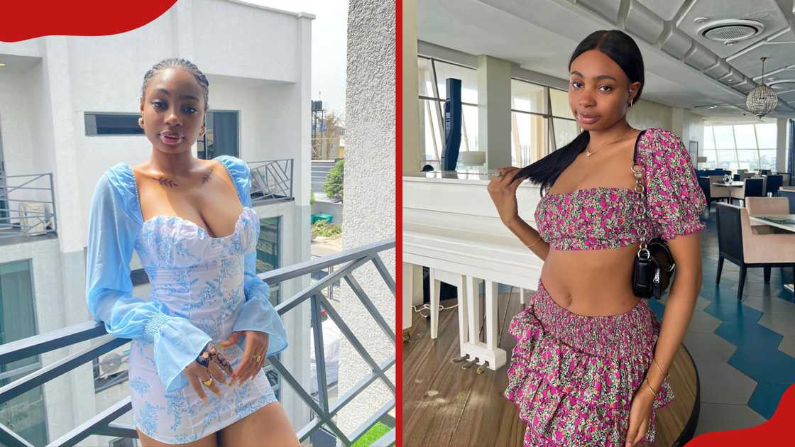 Susan is in a blue and white floral dress, standing on a balcony. The actress in a two-piece pink and green floral outfit while standing in an indoor area with a white piano Susan is in a blue and white floral dress, standing on a balcony. The actress in a two-piece pink and green floral outfit while standing in an indoor area with a white piano