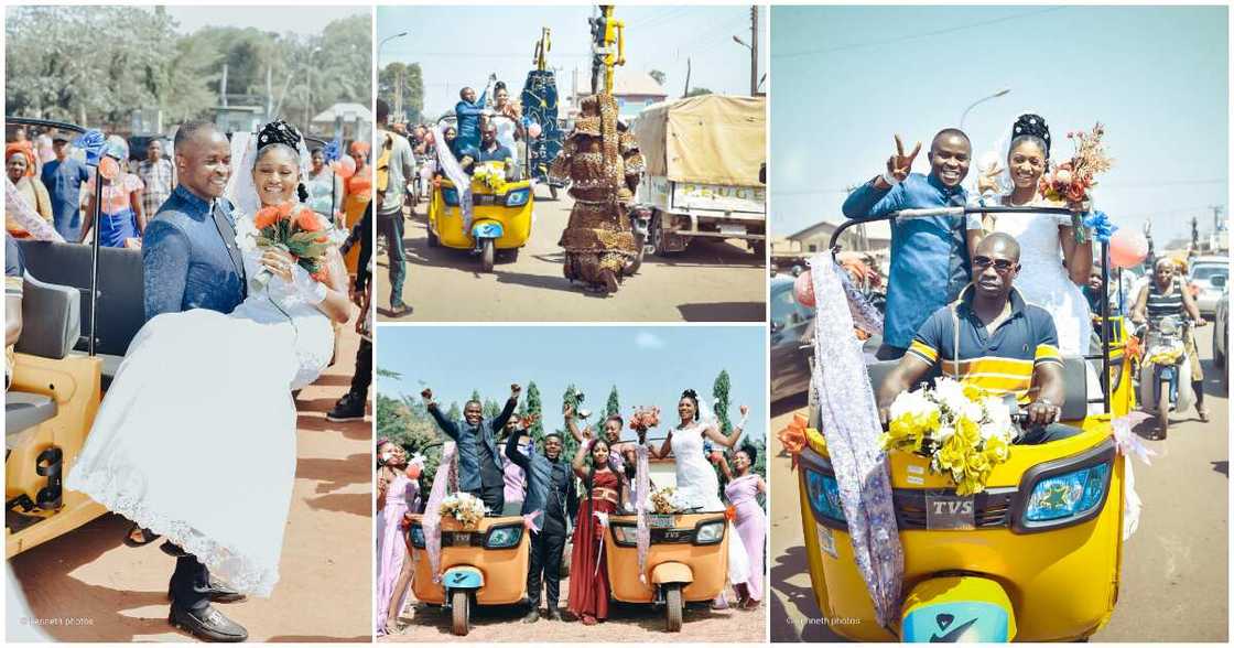 Nigerian groom and bride use keke napeps, wedding reception, Nigerian couple Nigerian groom and bride use keke napeps, wedding reception, Nigerian couple