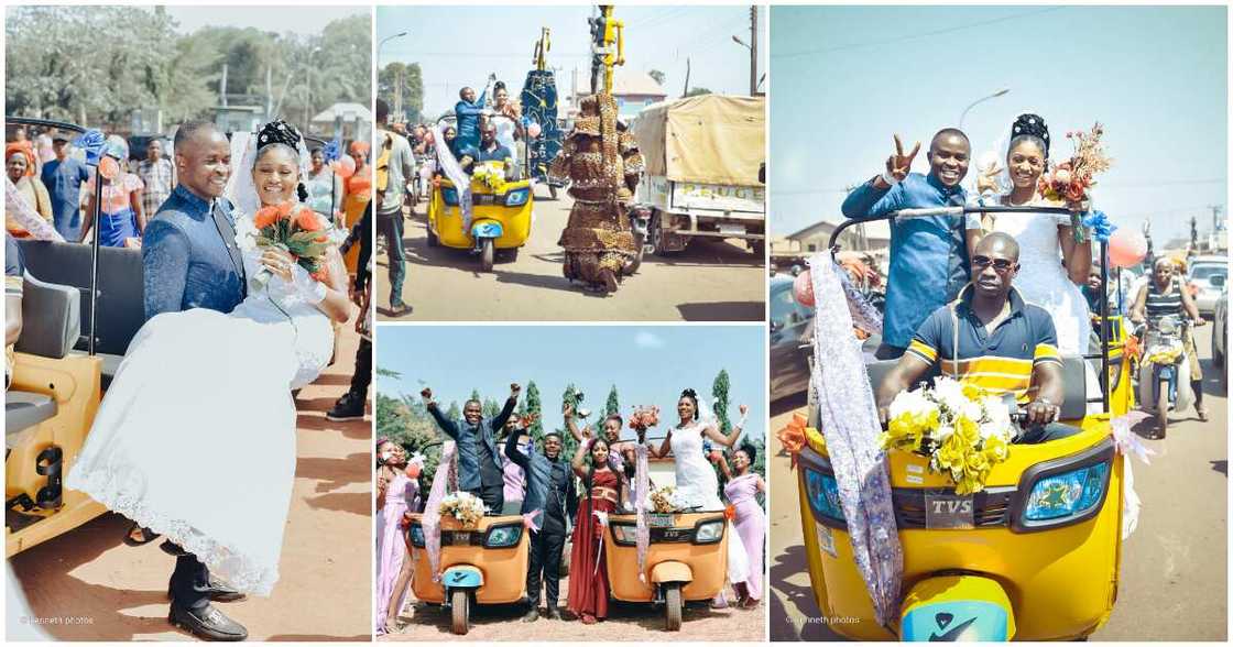 Nigerian groom and bride use keke napeps, wedding reception, Nigerian couple