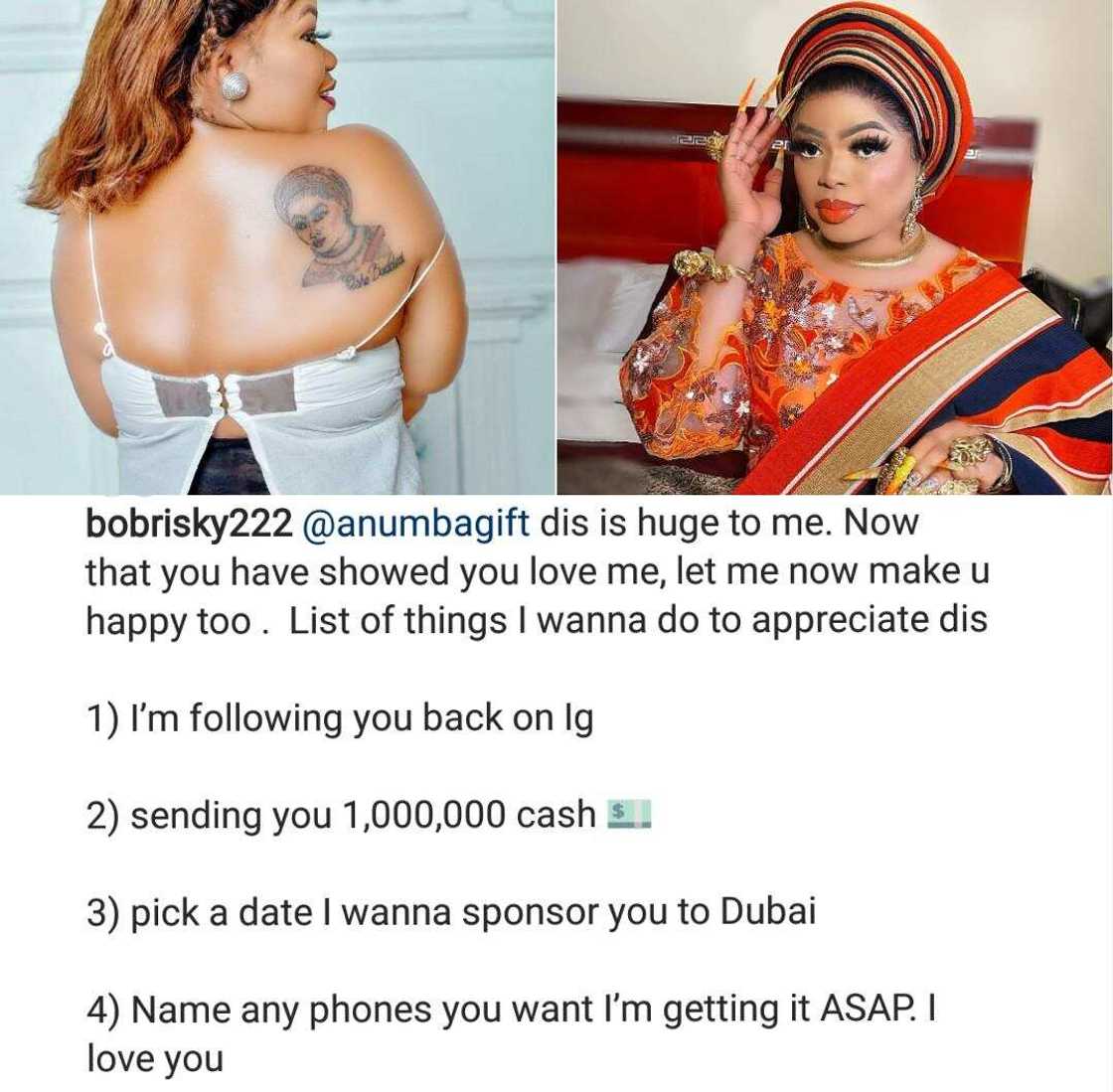 Fans go crazy over Bobrisky’s response to lady who drew a tattoo of him at her back Fans go crazy over Bobrisky’s response to lady who drew a tattoo of him at her back