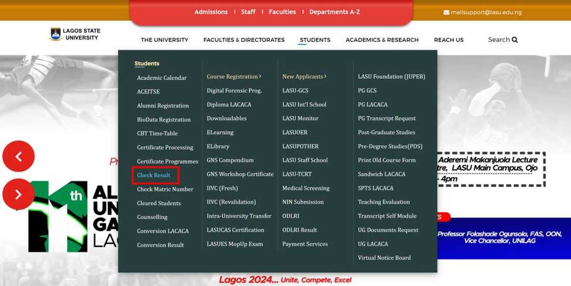 LASU page for checking results LASU page for checking results