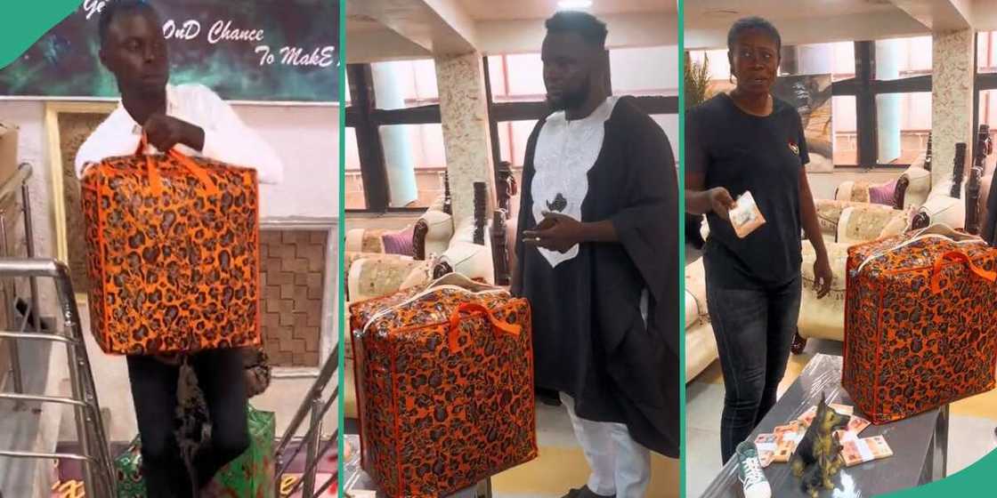 Man who went to a store with bags of N5 and N10 notes. Man who went to a store with bags of N5 and N10 notes.