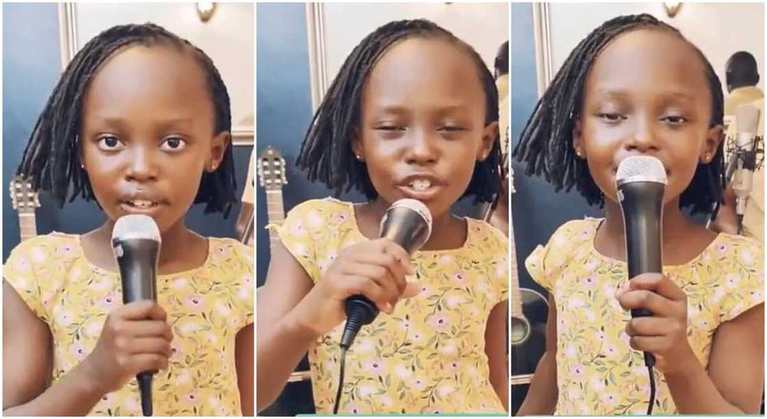 Photos of a girl singig with a microphone in her hand. Photos of a girl singig with a microphone in her hand.