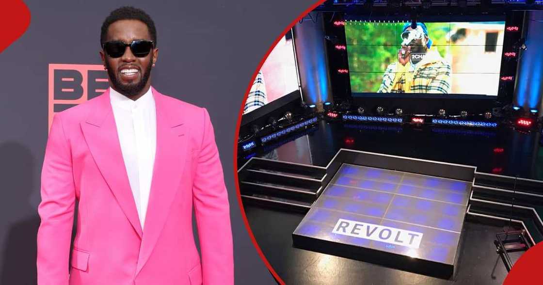 Rappers Sean 'Diddy' Combs smiles in the left frame and the right frame shows the Revolt TV studio. Rappers Sean 'Diddy' Combs smiles in the left frame and the right frame shows the Revolt TV studio.