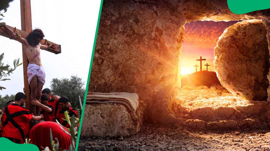 Lebanese men re-enacting Jesus crucifixion (L). Empty tomb of Jesus (R) Lebanese men re-enacting Jesus crucifixion (L). Empty tomb of Jesus (R)