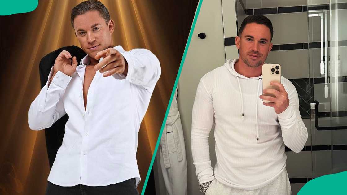 Will Parfitt poses in a white shirt before a performance and he takes a selfie in an all-white outfit