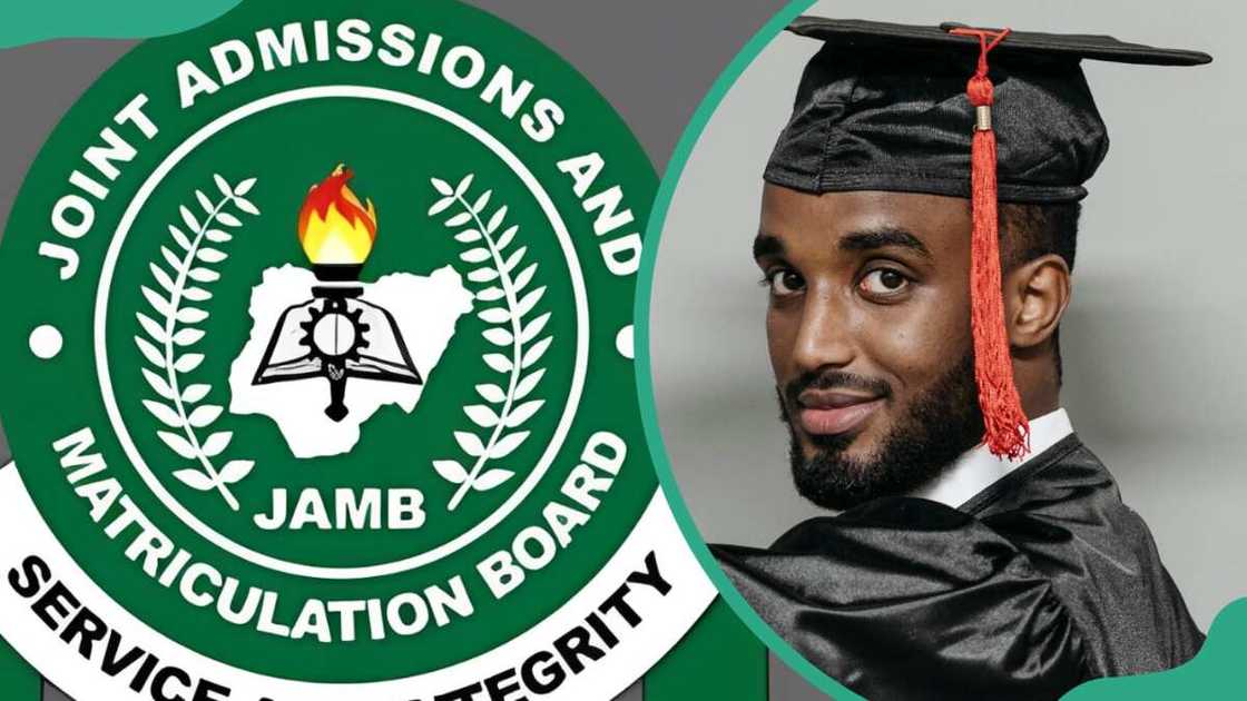 JAMB logo and a Nigerian student wearing a graduation gown and cap JAMB logo and a Nigerian student wearing a graduation gown and cap