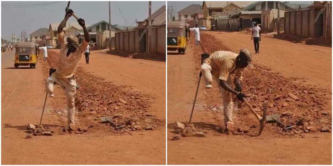 Photos of one-legged man working with a digger cause massive stir, Nigerians celebrate his courage Photos of one-legged man working with a digger cause massive stir, Nigerians celebrate his courage