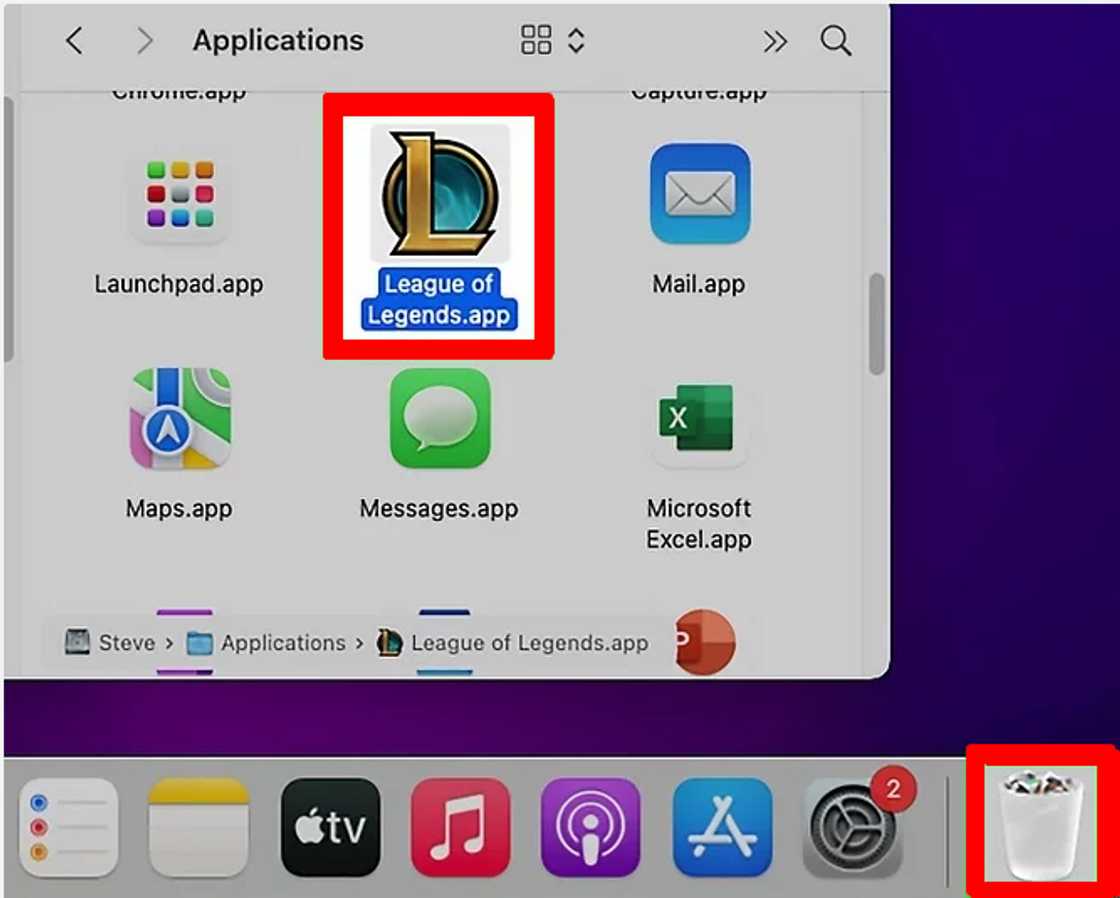 League of Legends application icon positioned near the Trash icon in the macOS dock. League of Legends application icon positioned near the Trash icon in the macOS dock.