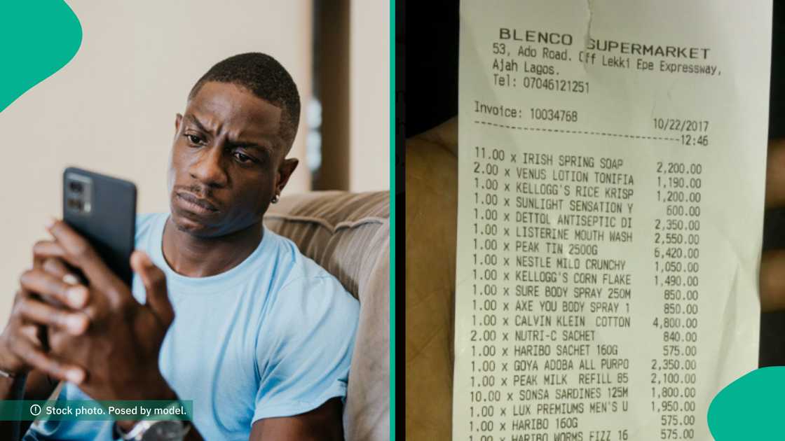 Man shares an old shopping invoice. Man shares an old shopping invoice.