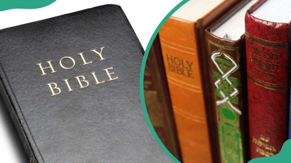 A black Holy Bible on a white surface (L). A collection of Bibles on a bookshelf (R) A black Holy Bible on a white surface (L). A collection of Bibles on a bookshelf (R)