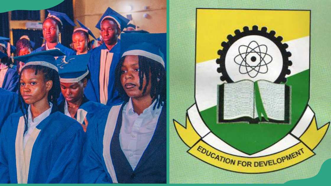 COOU graduates dressed in blue graduation gowns (L). The COOU logo (R)