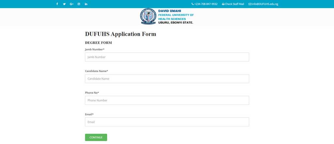 David Umahi University application form page