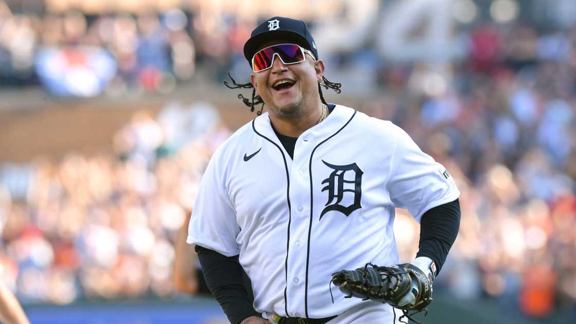 Miguel Cabrera of the Detroit Tigers smiles after fielding in the 8th inning of the game against the Cleveland Guardians.