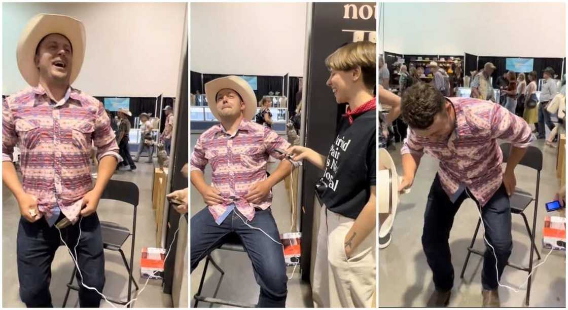 Photos of a man experience period pain through cramp simulator. Photos of a man experience period pain through cramp simulator.