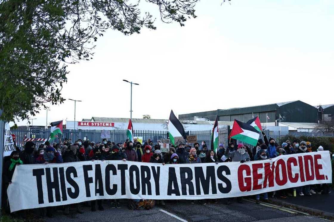 Demonstrators accused BAE Systems on Friday of making components for Israeli military planes Demonstrators accused BAE Systems on Friday of making components for Israeli military planes