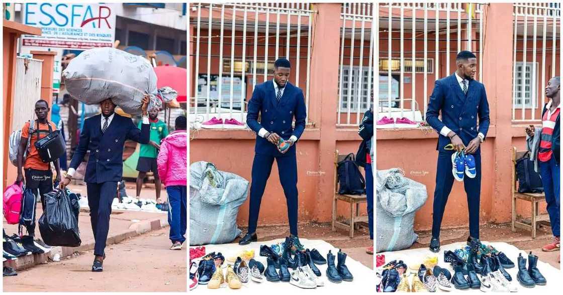 Tall fine footwear seller in suit, roadside Tall fine footwear seller in suit, roadside