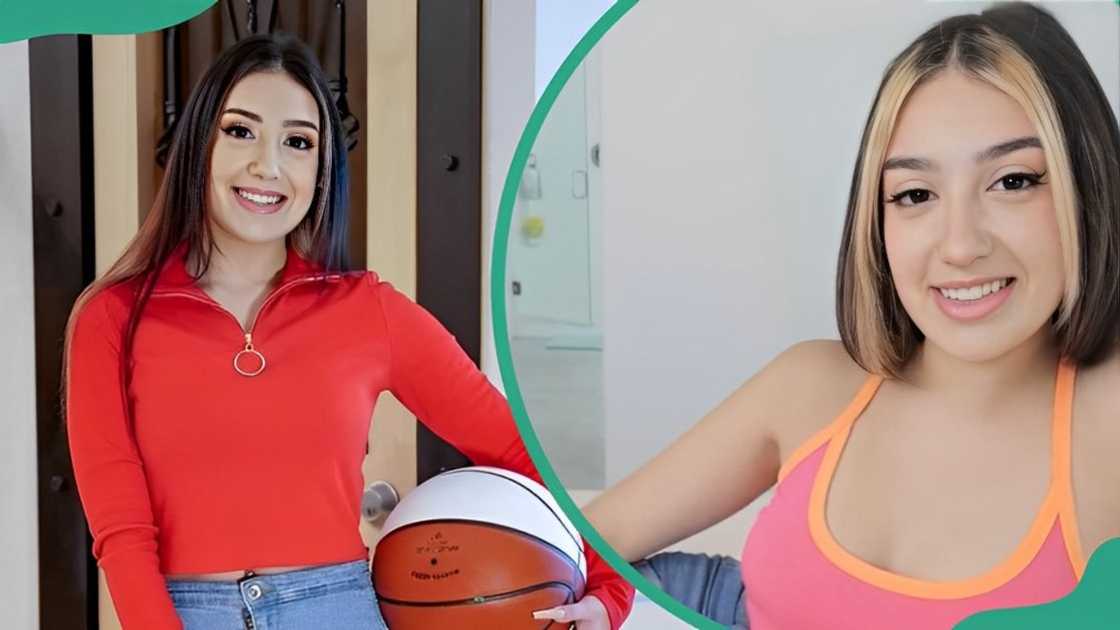 Violet Gems holding a basketball (L). Violet posing on the bed (R)