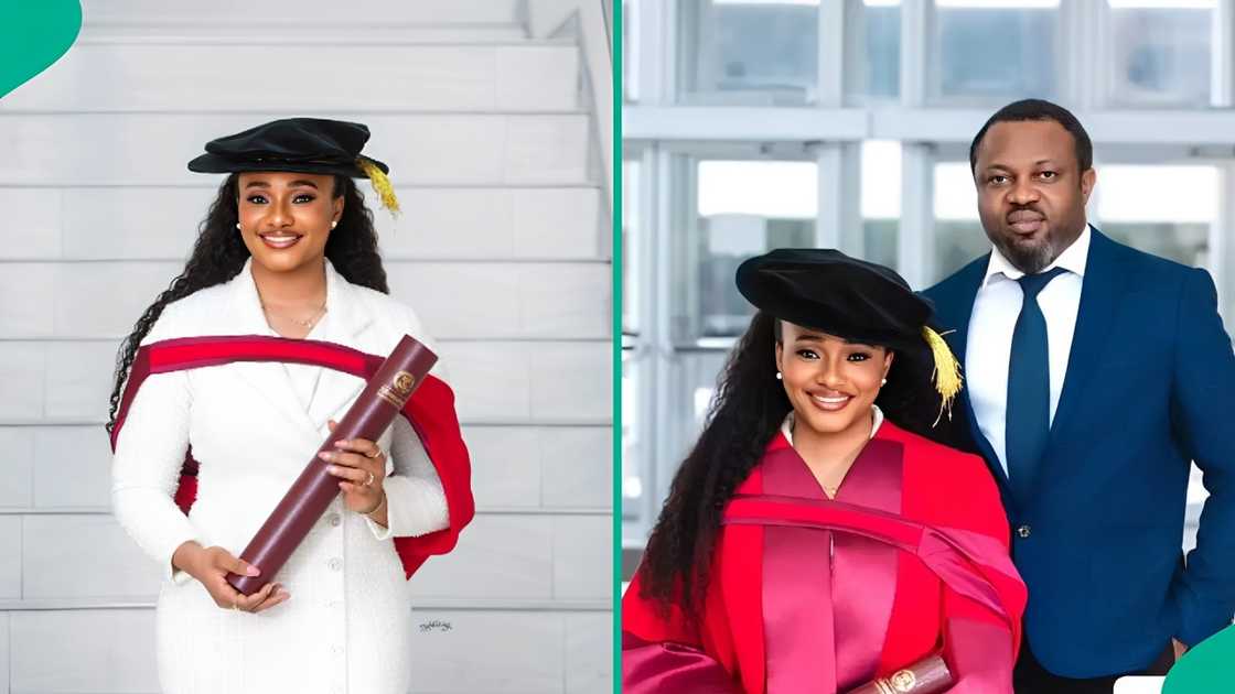 A Nigerian woman based in Canada celebrates her husband as she bagged a PhD degree