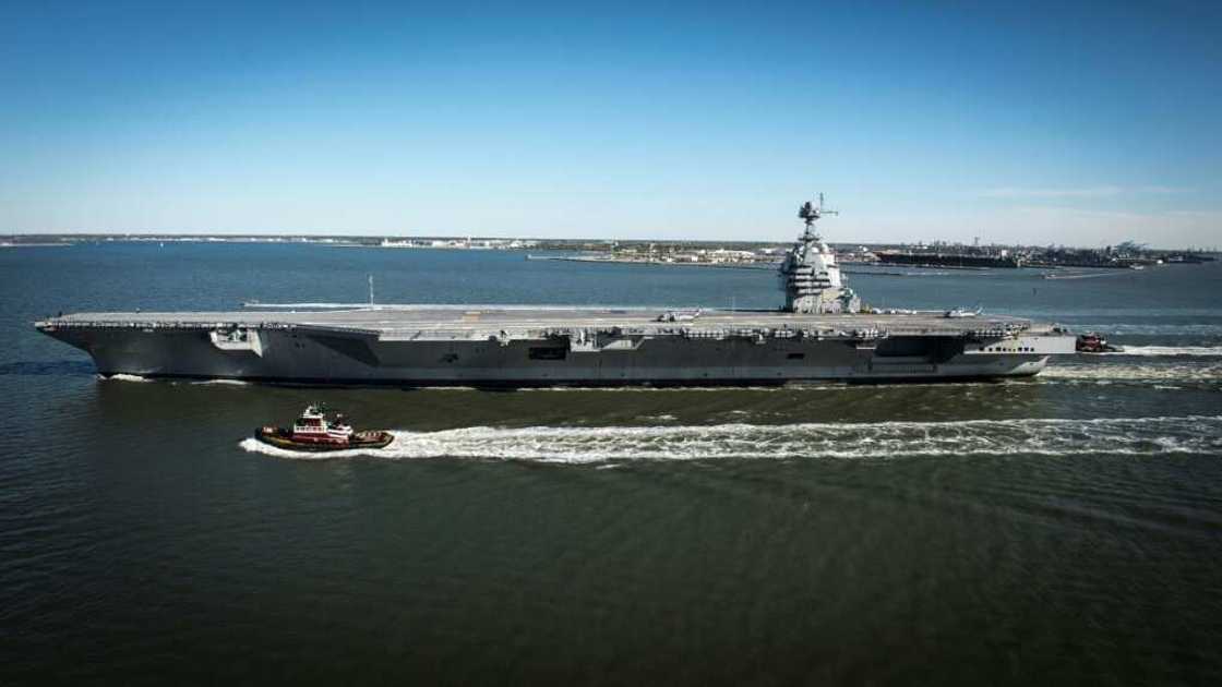 The aircraft carrier USS Gerald R. Ford on a test cruise April 8, 2017 near Newport News, Virginia The aircraft carrier USS Gerald R. Ford on a test cruise April 8, 2017 near Newport News, Virginia