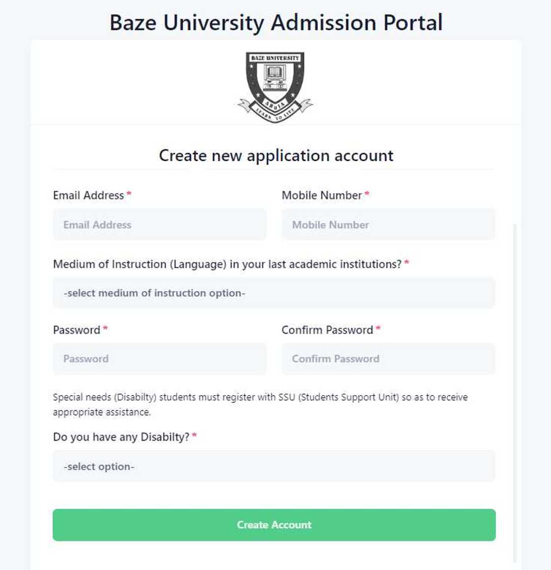 Baze University admission form