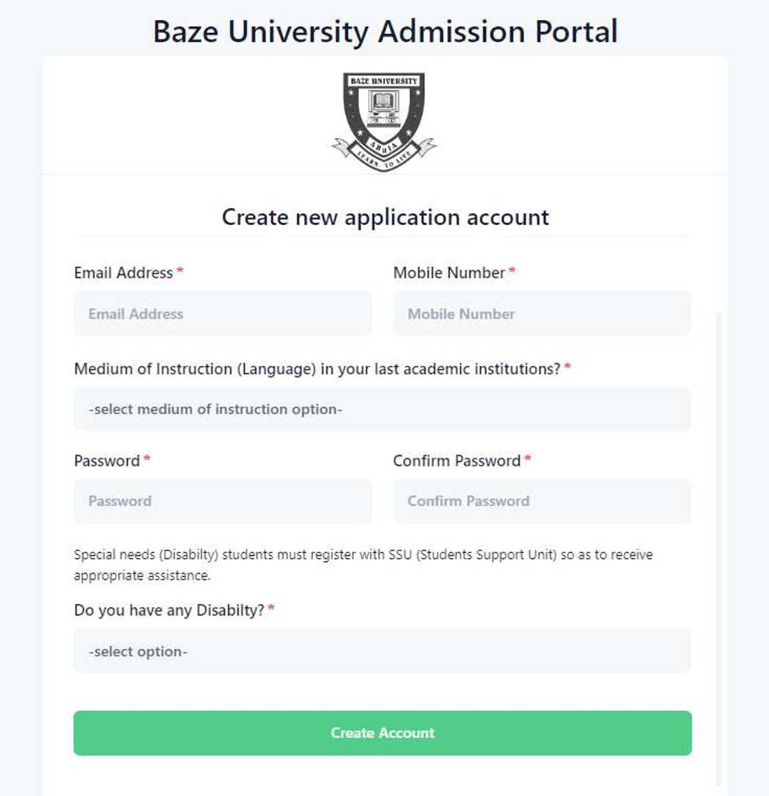 Baze University admission form Baze University admission form