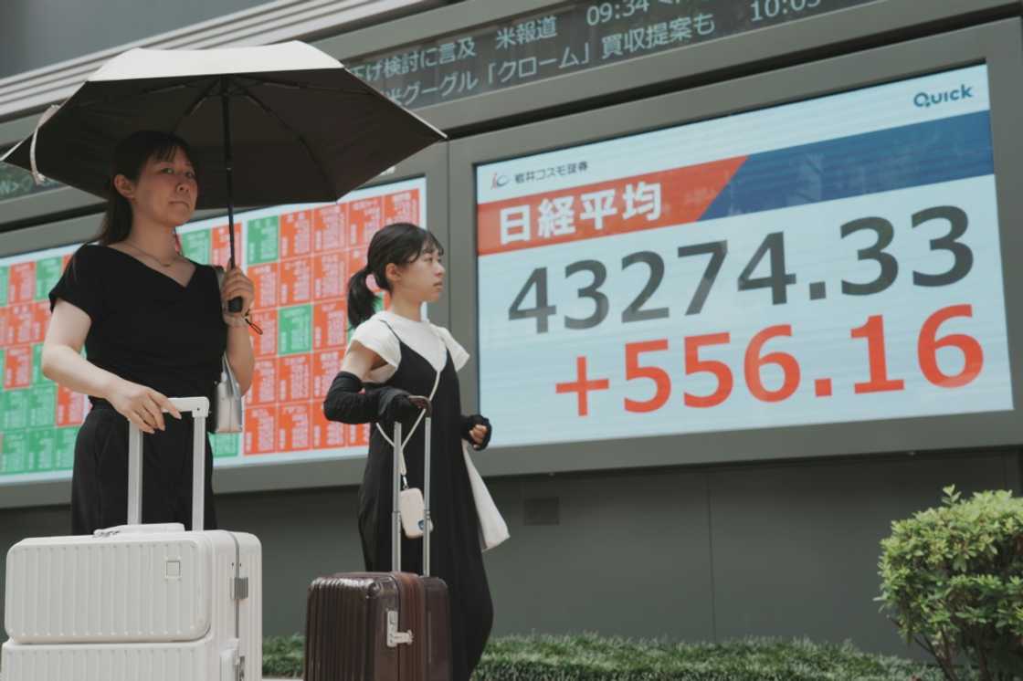 Pedestrians walk past an electronic quotation board displaying the Nikkei Stock Average on Wednesday