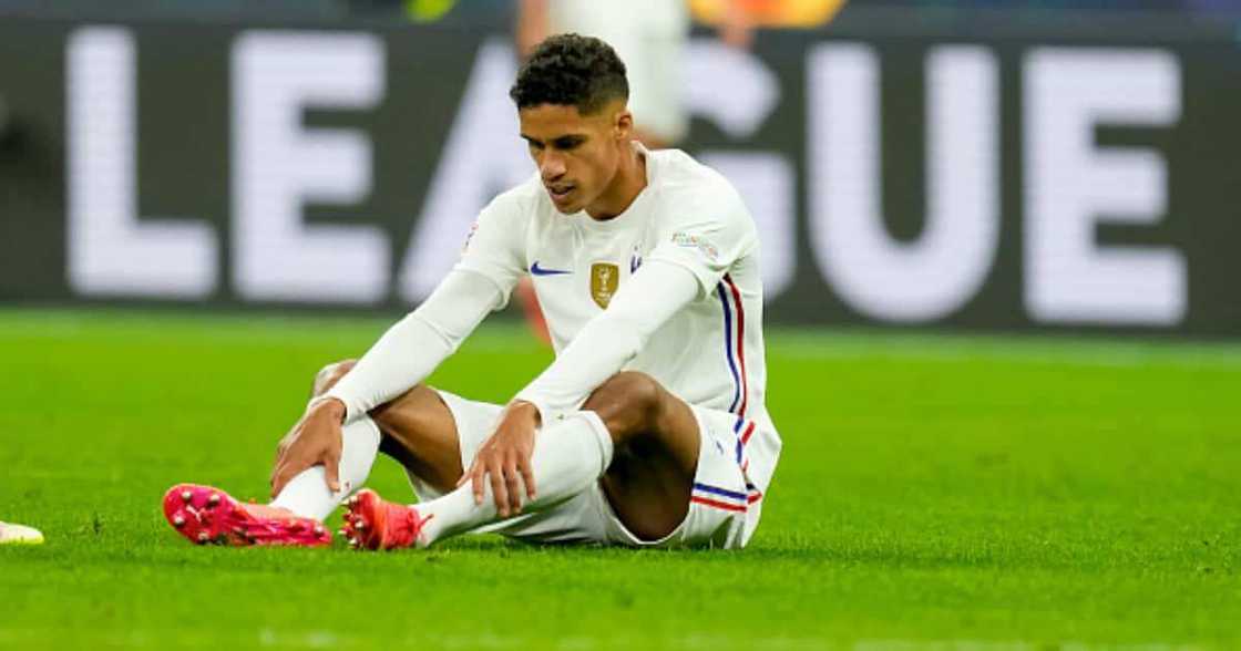 Raphael Varane of France on the ground during the UEFA Nations League Final match between the Spain and France at San Siro Stadium on October 10, 2021 in Milan, Italy. (Photo by Alex Gottschalk) Raphael Varane of France on the ground during the UEFA Nations League Final match between the Spain and France at San Siro Stadium on October 10, 2021 in Milan, Italy. (Photo by Alex Gottschalk)