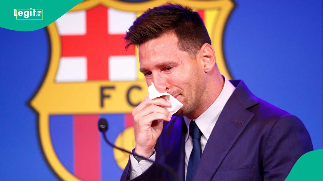 Lionel Messi faces the media in a FC Barcelona's departure press conference on August 08, 2021. Photo by Eric Alonso