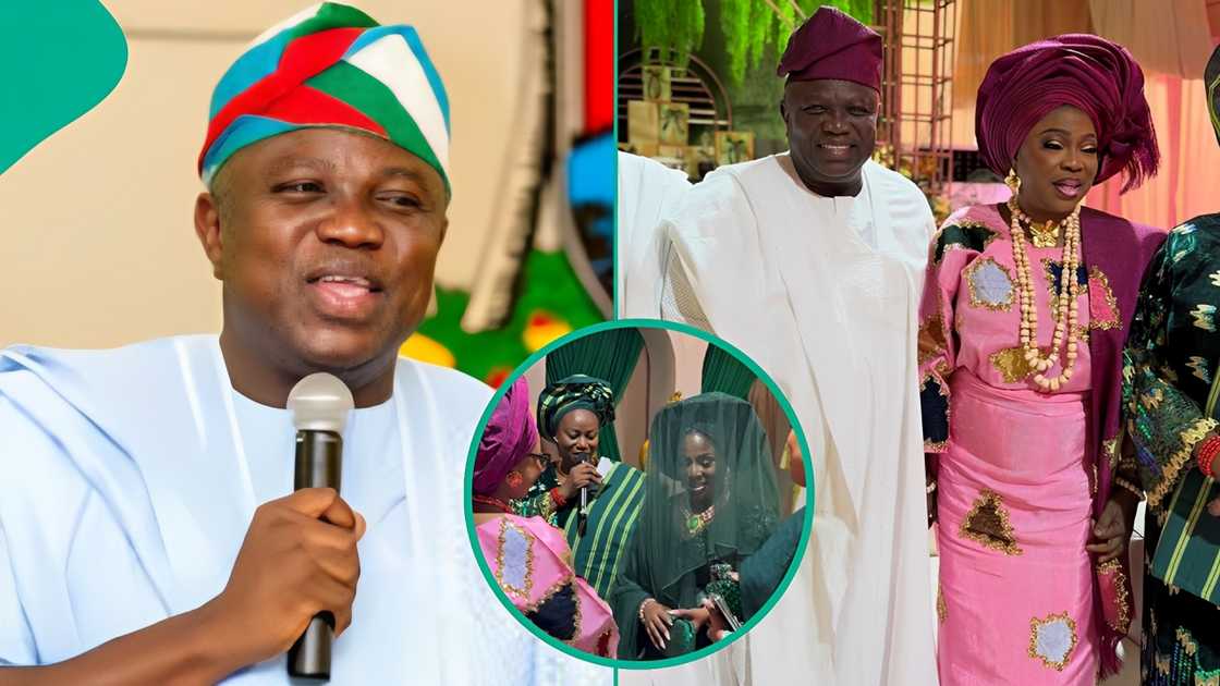Former Lagos state governor Akinwunmi Ambode gives his daughter's hand in marriage. Former Lagos state governor Akinwunmi Ambode gives his daughter's hand in marriage.