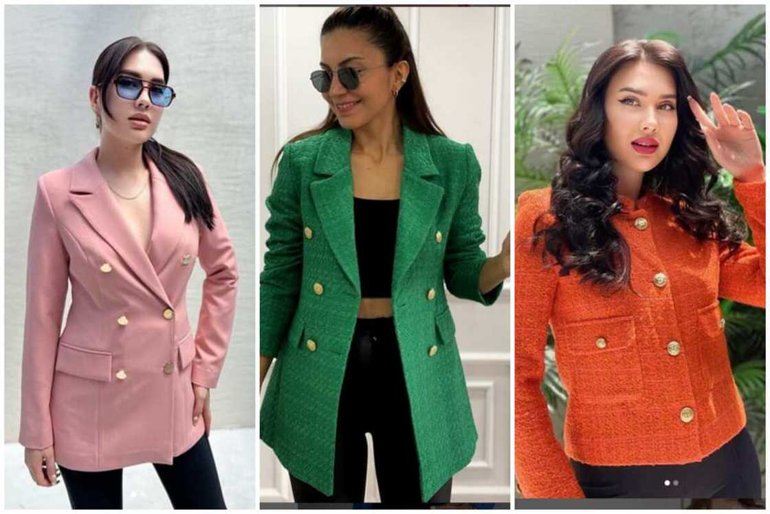 Three women in beautiful formal blazers with different colours and length Three women in beautiful formal blazers with different colours and length