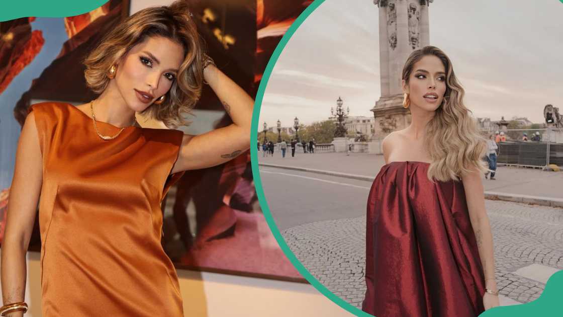 Carolina Dias by an artwork (L) and posing on the streets (R)