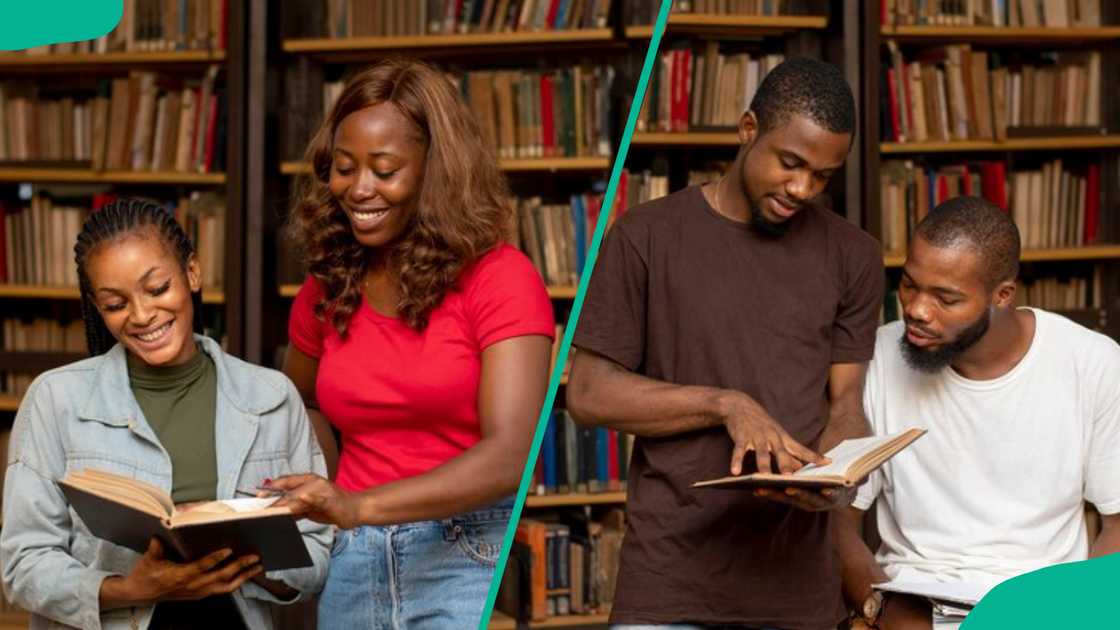 Students discussing in the library