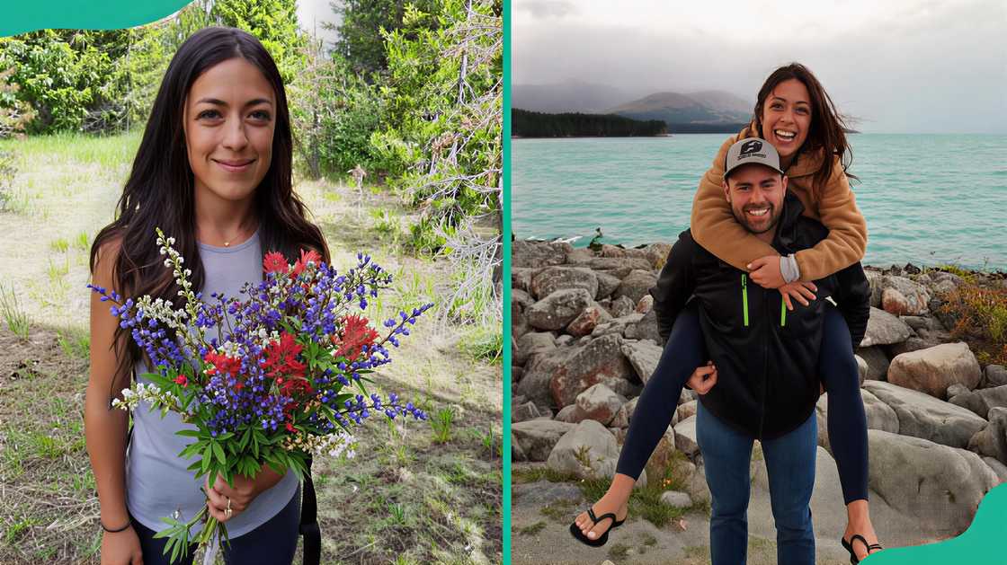 Remi Warren's wife in a lightly wooded forest, and Remi Warren carrying his wife, Danielle Warren Remi Warren's wife in a lightly wooded forest, and Remi Warren carrying his wife, Danielle Warren