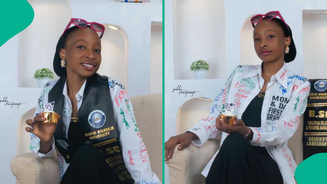 Lady in celebratory mood as she graduates from school. Lady in celebratory mood as she graduates from school.