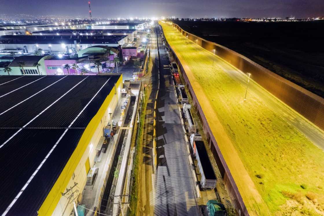 Trucks queue near the Mexico-US border