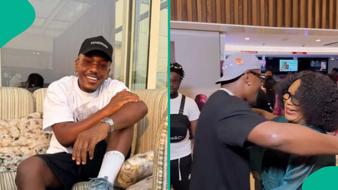 Actor Timini Egbuson's mother surprises him at cinema. Actor Timini Egbuson's mother surprises him at cinema.