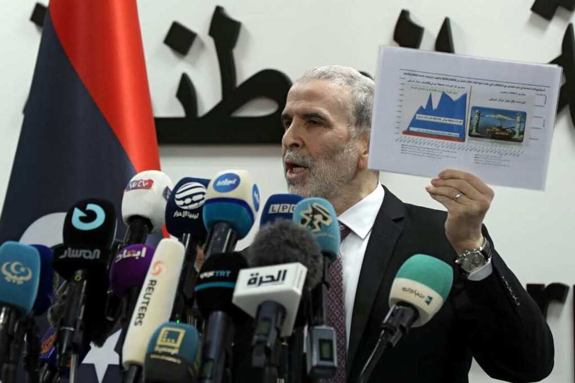 Mustafa Sanalla, shown during a press conference on January 19, 2022, says Libya's National Oil Corporation is a technical and apolitical entity Mustafa Sanalla, shown during a press conference on January 19, 2022, says Libya's National Oil Corporation is a technical and apolitical entity