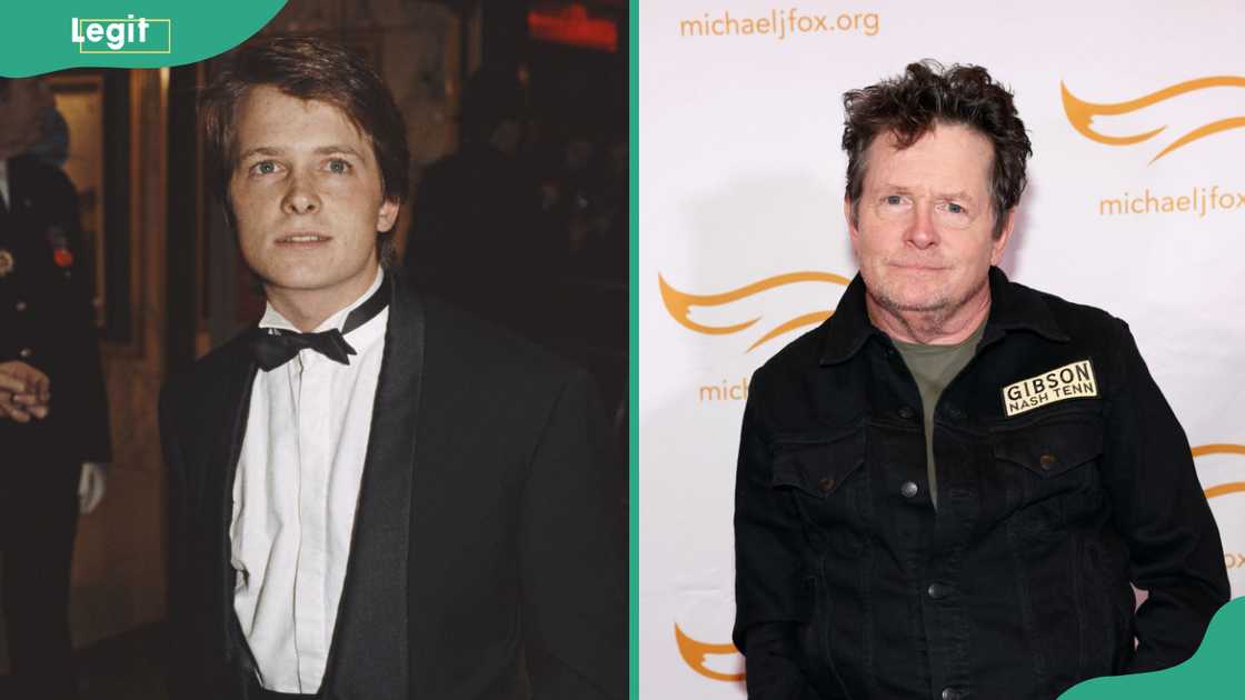 Michael J. Fox at the 'Back to the Future' premiere in 1985 (L) and at The Fisher Center for the Performing Arts (R).