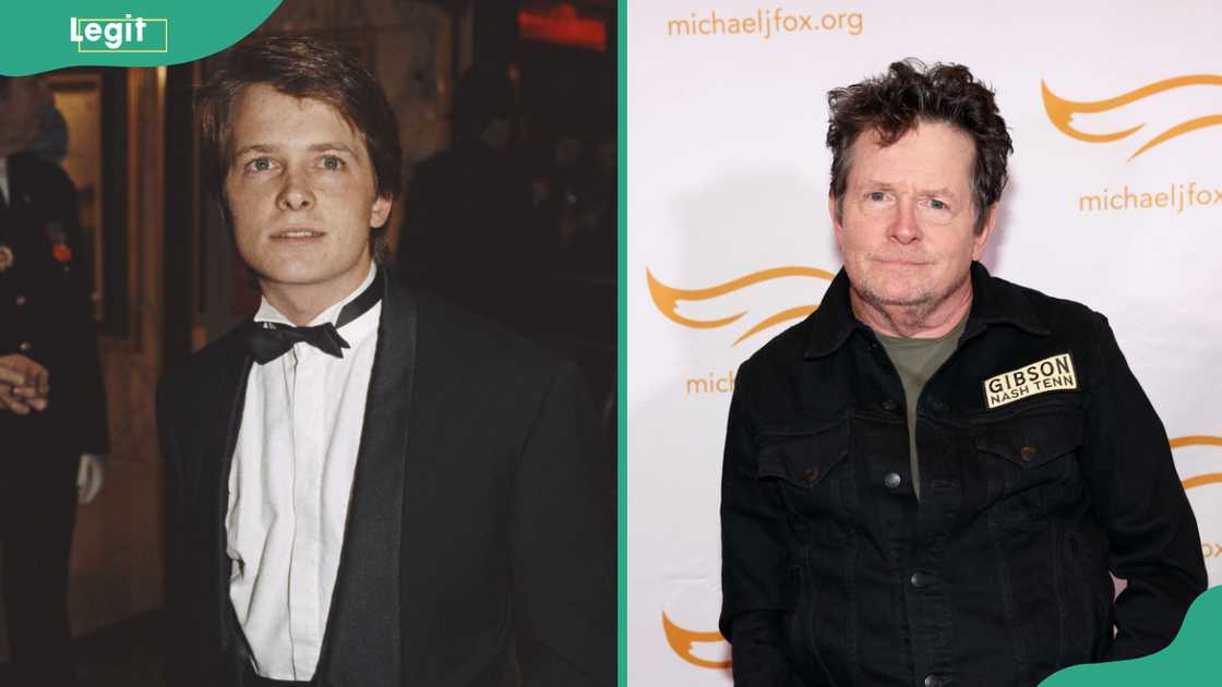 Michael J. Fox at the 'Back to the Future' premiere in 1985 (L) and at The Fisher Center for the Performing Arts (R). Michael J. Fox at the 'Back to the Future' premiere in 1985 (L) and at The Fisher Center for the Performing Arts (R).