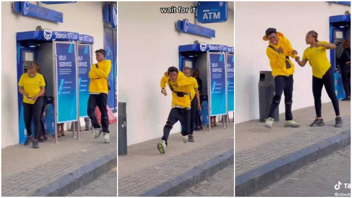 Playing pranks in public/withdrawing at the ATM stand. Playing pranks in public/withdrawing at the ATM stand.