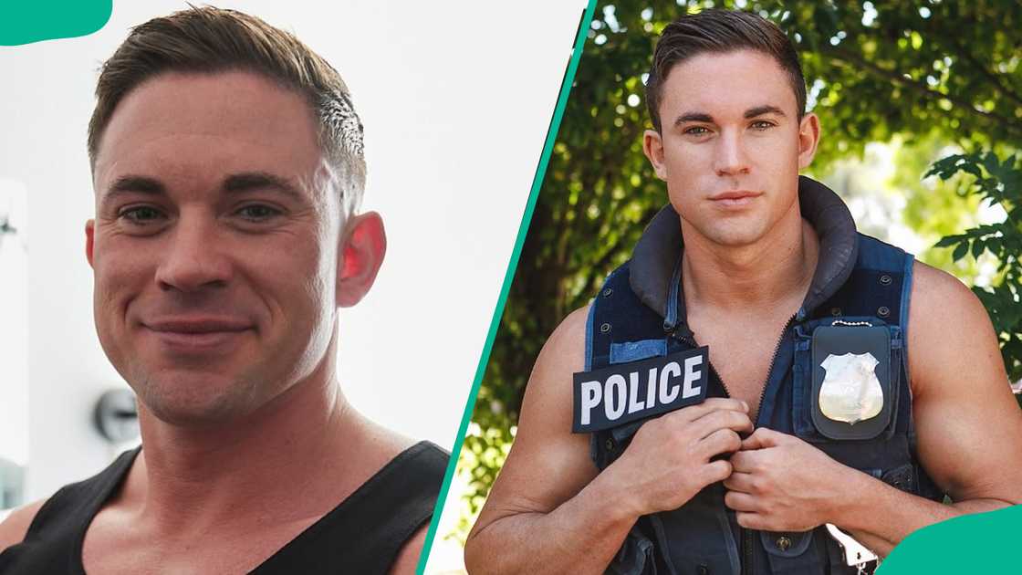 Will Parfitt in a black tank top and a police half jacket Will Parfitt in a black tank top and a police half jacket