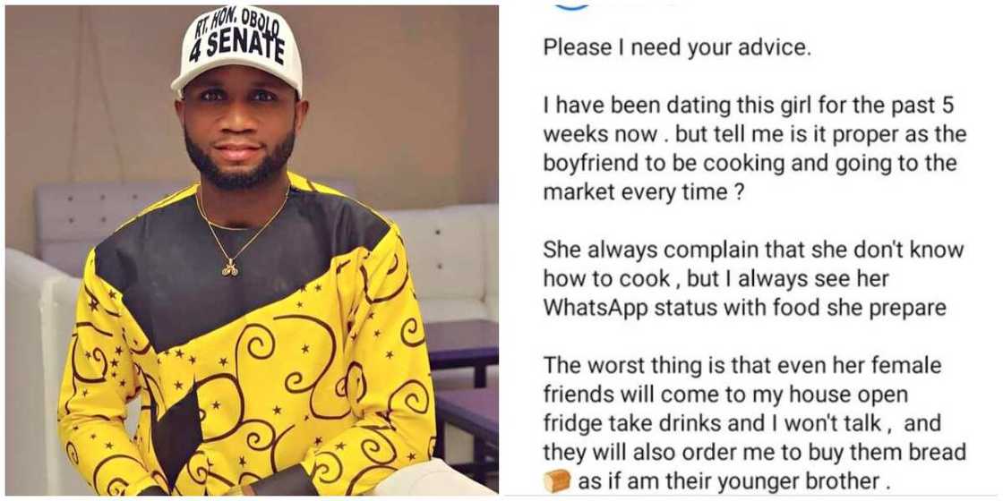 Nigerian man seeks advise on his girlfriend, says she complains not to know how to cook but posts food on her status Nigerian man seeks advise on his girlfriend, says she complains not to know how to cook but posts food on her status